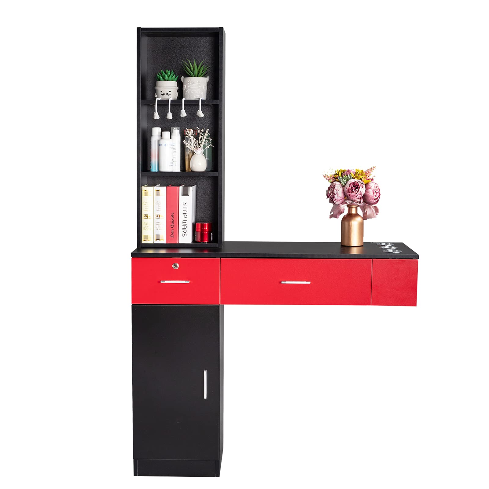 HOMVENT Wall Mount Salon Station Table - 3-Tier Hair Styling Cabinet with 2 Drawers & Hair Dryer Holder - Professional Beauty Salon Storage Organizer for Barbers & Stylists (Black & Red) - Perfect for Salon, Spa, Home Beauty Stations & Barber Shops