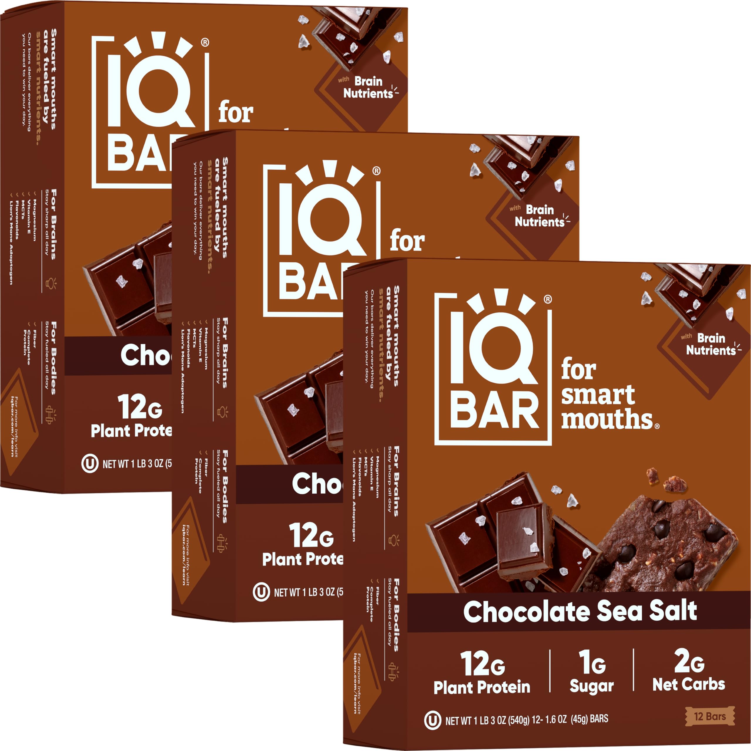 IQBAR Vegan Protein Bars - Chocolate Sea Salt, Low Carb Gluten-Free Snacks for Workout & Travel