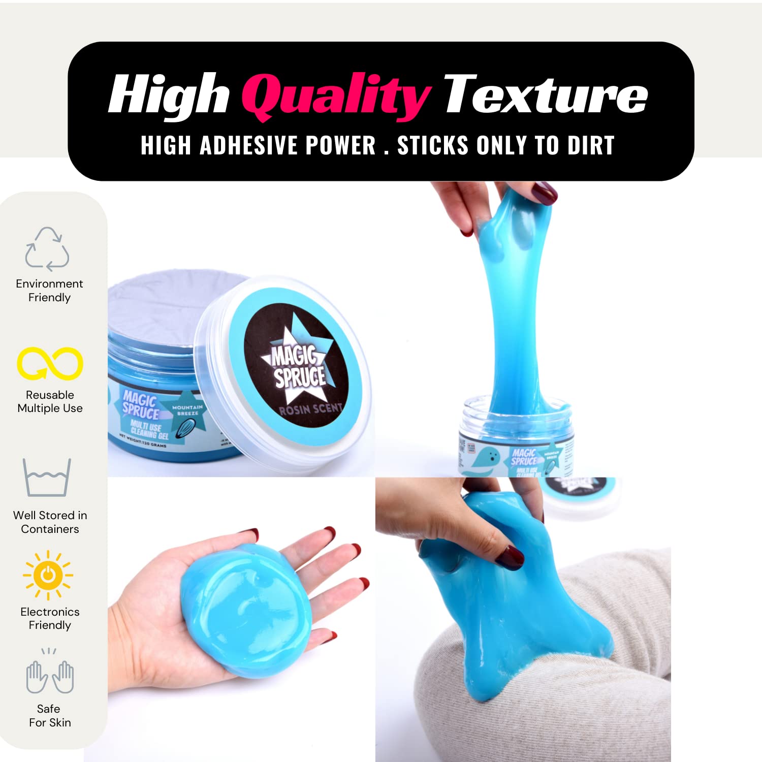 Magic Spruce Car Cleaning Gel Kit – Non-Water Detailing Putty for Interior, Dashboard & Upholstery | Scented Dust Remover for Vents, PC, Laptop & Keyboard | Reusable Auto & Electronics Cleaner for Home & Office Use