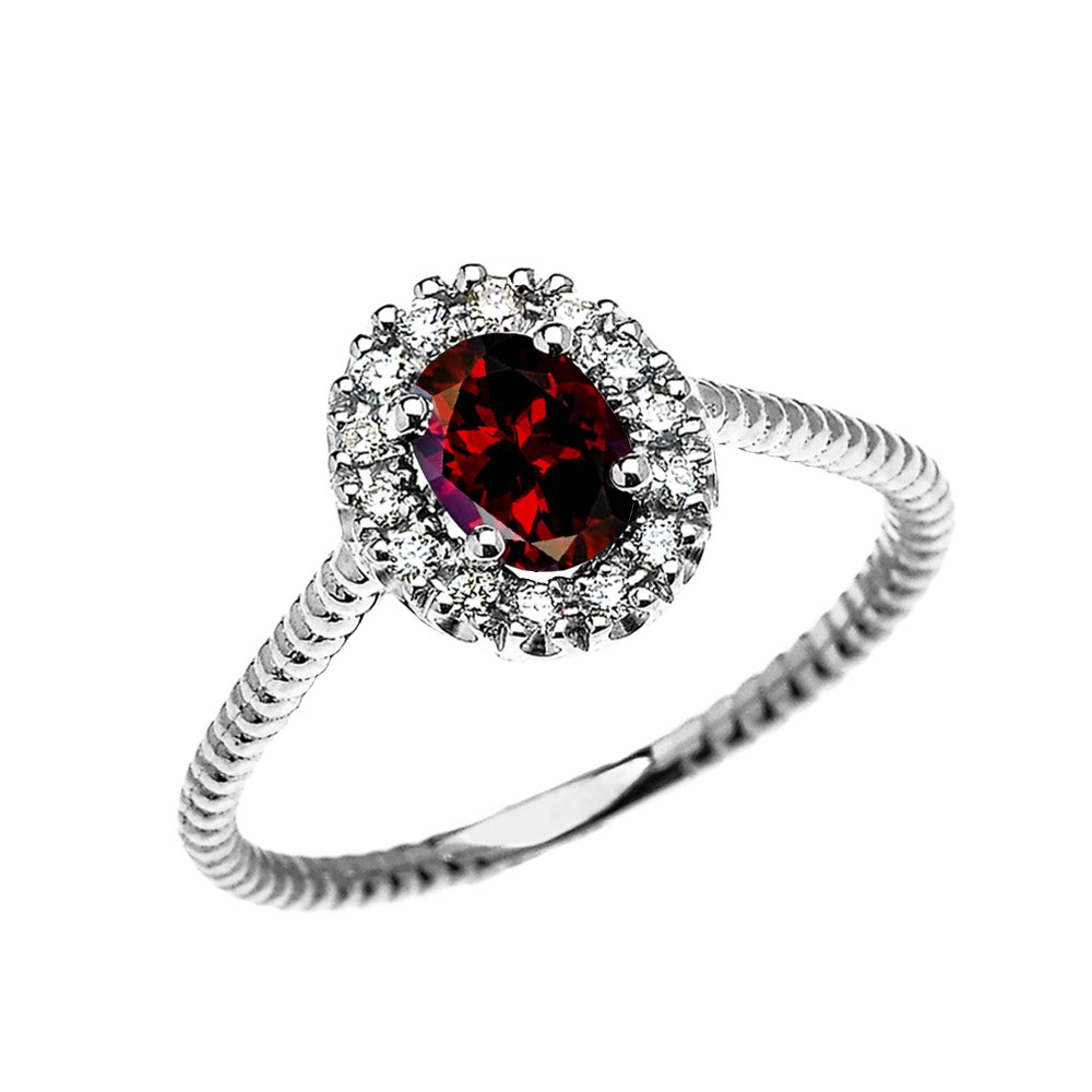 14K White Gold Dainty Oval Halo Diamond & Solitaire Garnet Rope Design Engagement Ring - Perfect for Proposals, Anniversaries & Special Occasions
