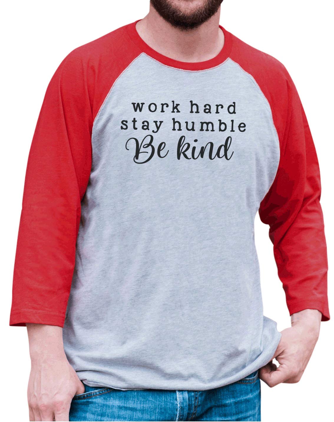 7 ate 9 Apparel Men's Be Kind Inspirational Raglan Red T-Shirt | Motivational Graphic Tee for Casual Wear & Everyday Outfits | Gym, Work, Weekend Style