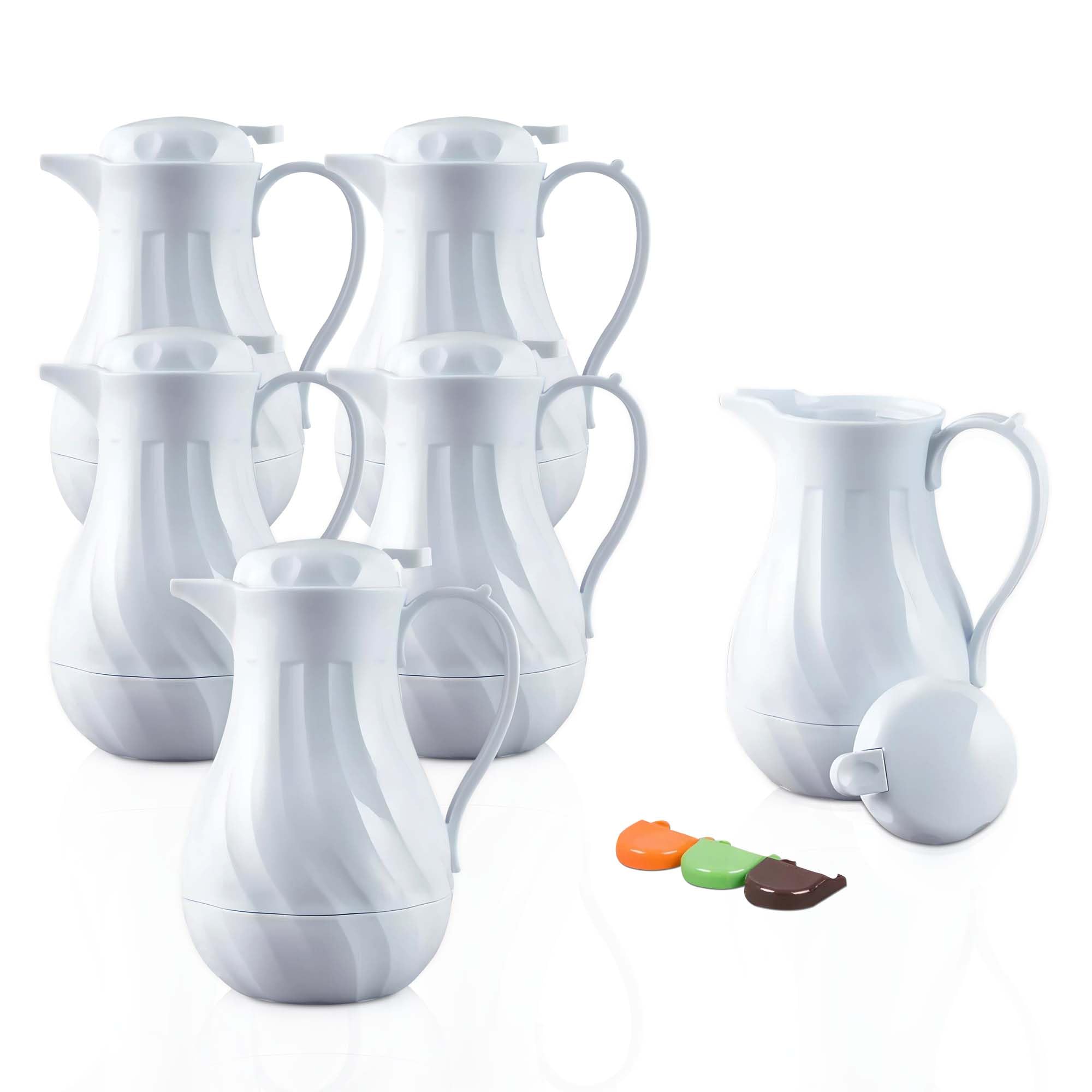 OCS Parts Set of 6 Easy Pour Thermal Coffee Carafes - 10-Inch Insulated Hot & Cold Beverage Pitcher for Coffee, Tea, Hot Chocolate & Water - 42-Ounce Capacity - White - Perfect for Restaurants, Offices & Home Use