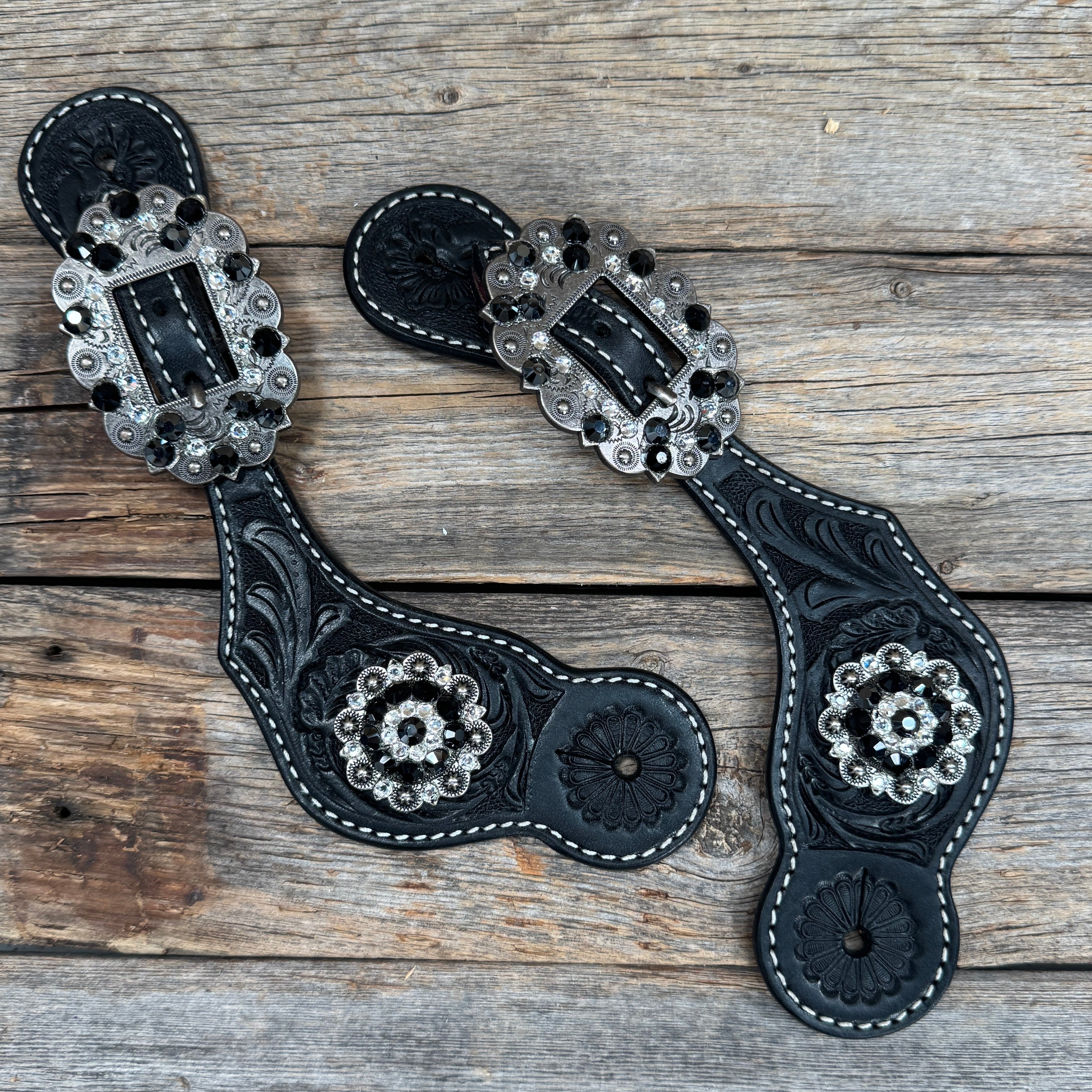Vintage Black Floral Cowboy Boot Spurs Straps with Antique Silver Crystal Conchos #SS115 - Perfect for Western Rodeo, Country Dance & Cowgirl Fashion Accessories