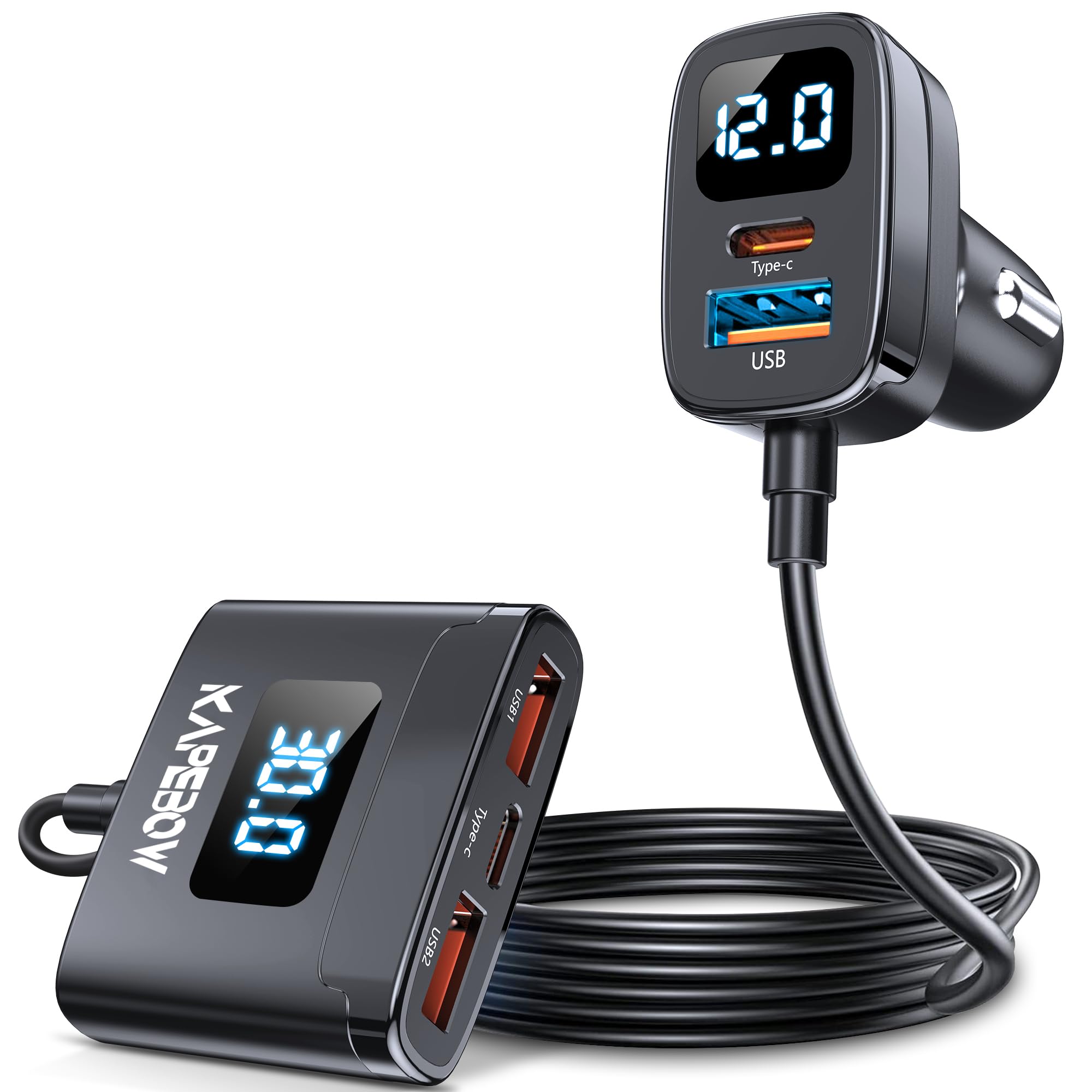 Kapebow 78W Fast Charging USB C Car Charger - 5 Port Car Phone Charger with Voltage Display, 5FT Extension Cable, PD & QC 3.0 Type C Charger for iPhone, iPad, Samsung, Pixel - Perfect for Road Trips, Family Travel & Backseat Charging