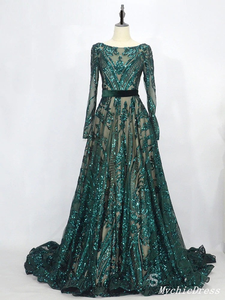 Elegant Long Sleeve Green Lace Prom Dress with Open Back - Perfect for Homecoming, Formal Dances & Special Occasions