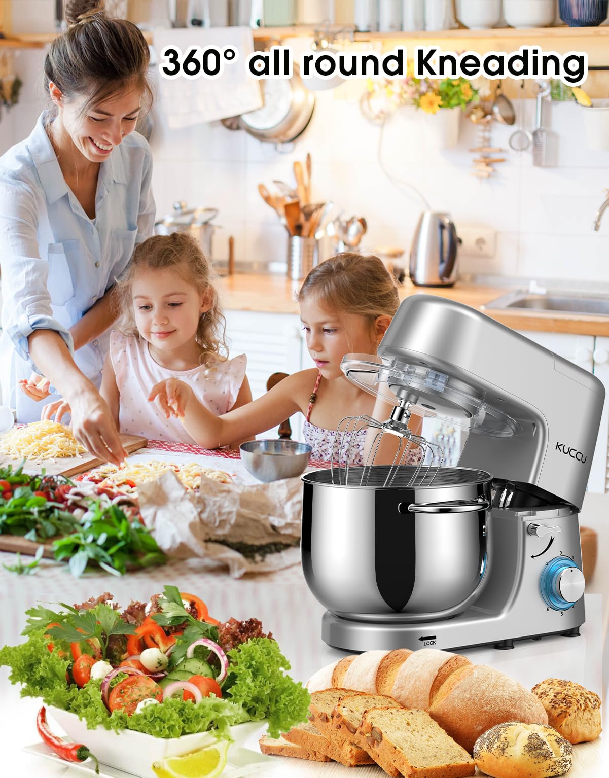 9.5 QT Double Handle KUCCU Stand Mixer - 6 Speed with Pulse, 660W Tilt-Head Electric Kitchen Mixer with Dishwasher-Safe Dough Hook, Flat Beater, Whisk & Splash Guard - Perfect for Home Baking, Cake Mixing & Cookie Dough (Silver)
