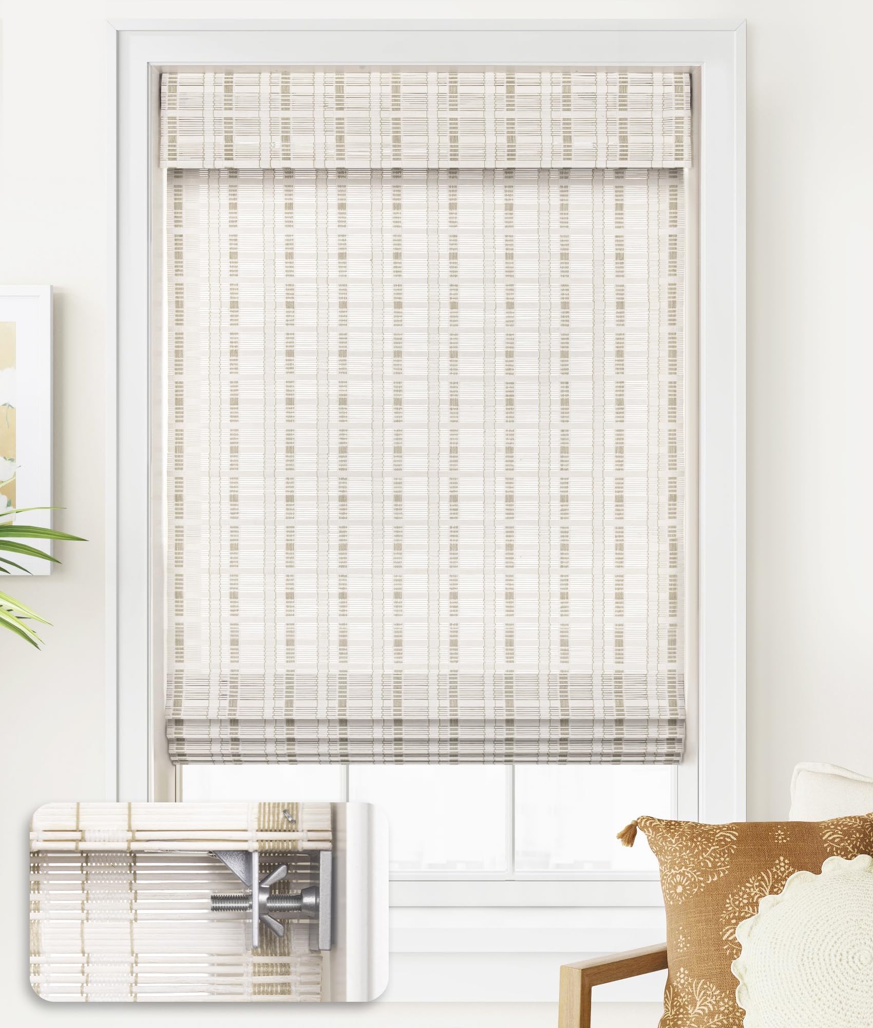 No Drill Cordless Bamboo Roman Shades - Light Filtering Roll Up Window Blinds 35