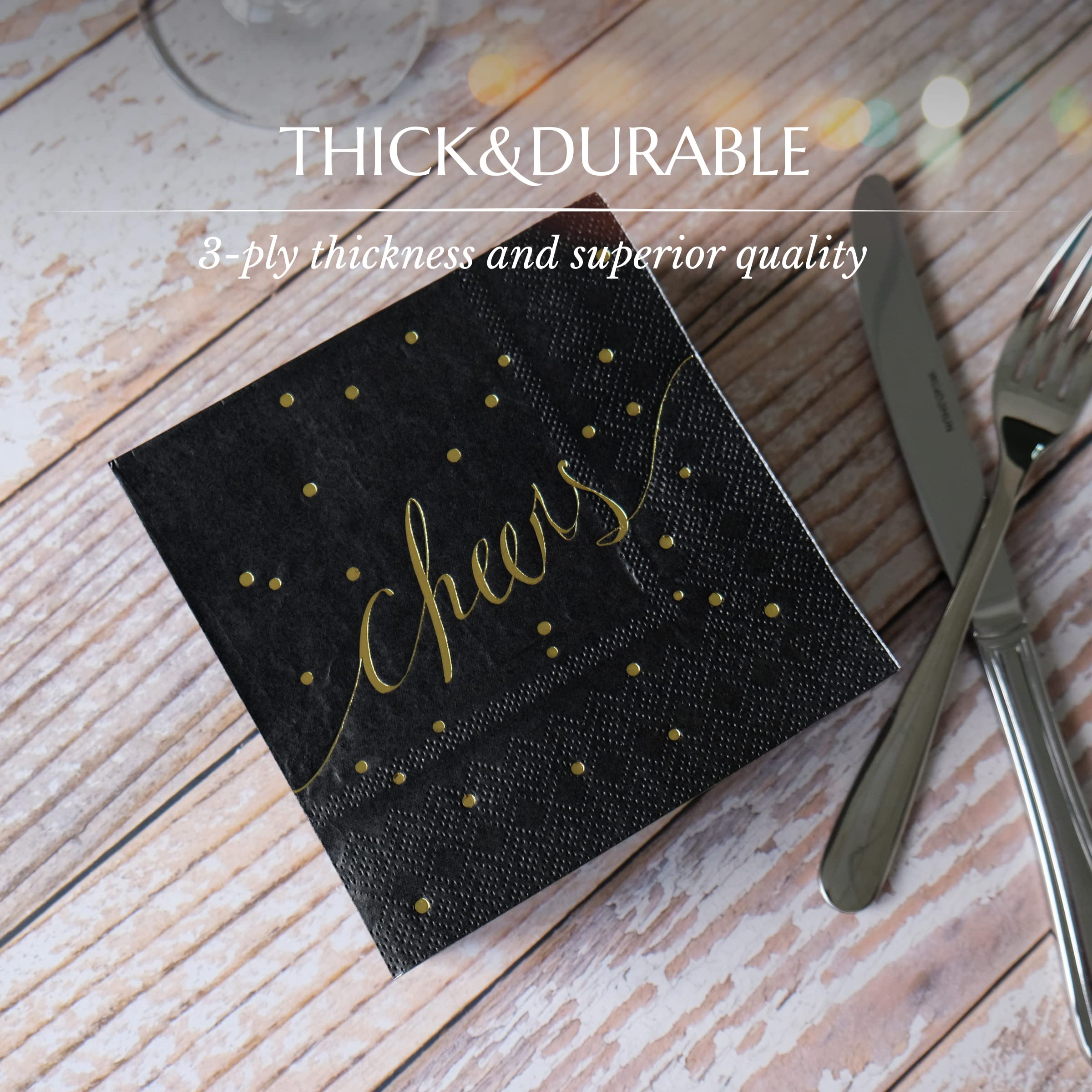 Premium Black and Gold Disposable Bar Napkins - 3-Ply Cocktail Beverage Napkins for Bachelorette Parties, Weddings & Events - Pack of 100 by Simple-Glee - Perfect for Upscale Gatherings, Cocktail Hours & Themed Celebrations