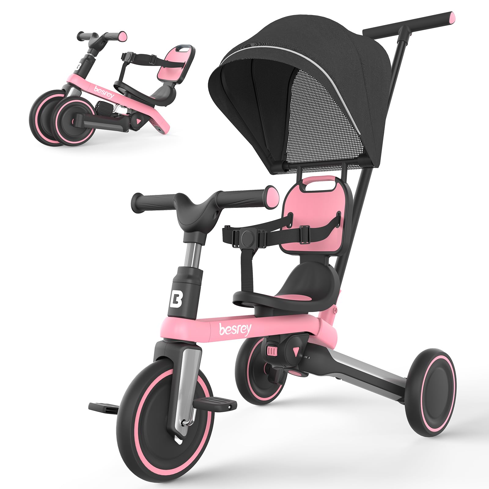 **Besrey 7-in-1 Toddler Tricycle for Kids 1-3 Years - Adjustable Push Handle & Canopy, Balance Bike & Ride-On Toy for Boys & Girls - Updated 2.0 Pink - Perfect for Indoor/Outdoor Play, Birthday Gifts & Learning to Ride**