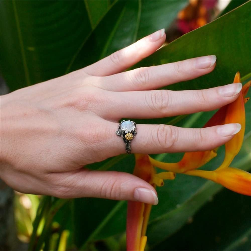 Vintage Rainbow Moonstone Ring - Sterling Silver & Solid Gold Two-Tone Moonstone Engagement Ring with Rose Flower & Twig Design - Thai Silver Jewelry ST.236 6 - Perfect for Weddings, Anniversaries, and Boho Fashion