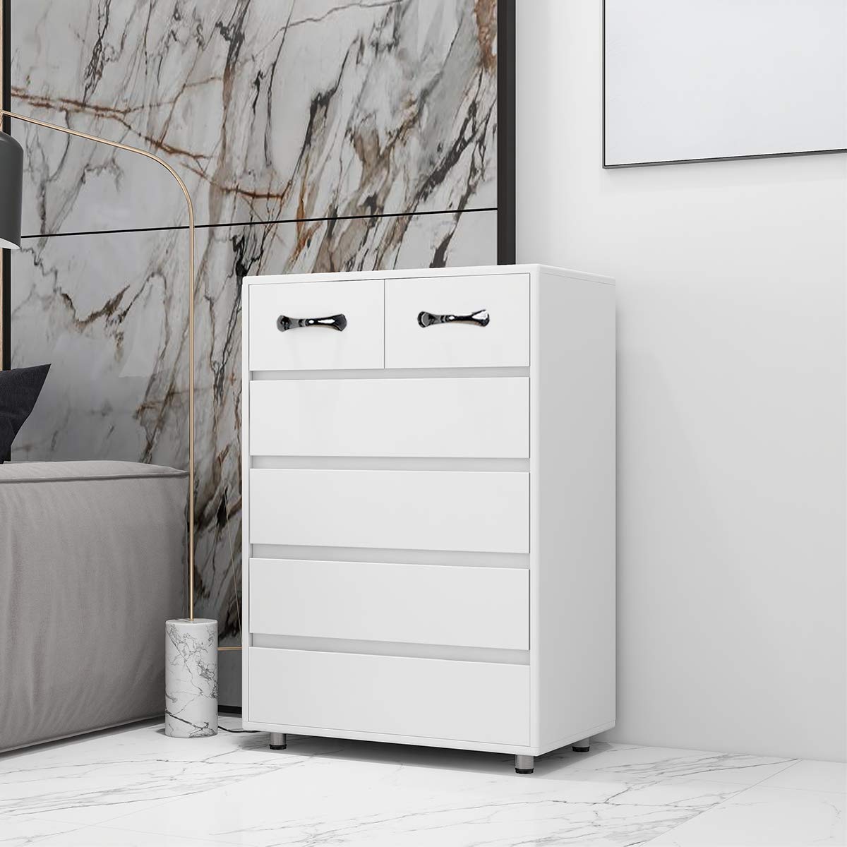 Wooden Nightstand with Storage Drawers & Fabric Bins - Side Table Cabinet for Bedroom, Living Room | File Organizer with Easy Pull Handles - White End Table for Home Office & Small Space Organization