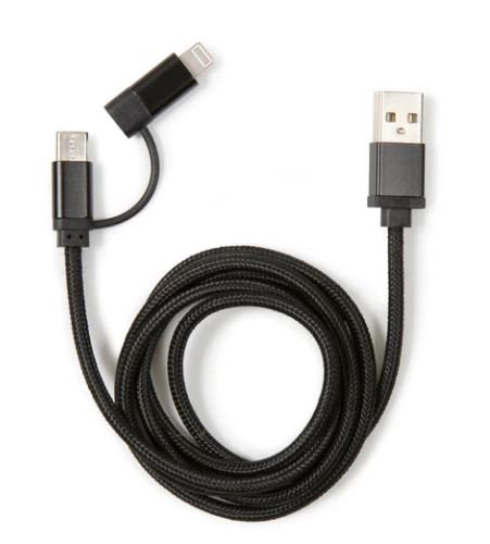 Kikkerland 2-in-1 Braided Nylon Charging Cable - Durable Fast Charging USB Cord for iPhone Android Devices - Perfect for Home Office Travel Car Charging