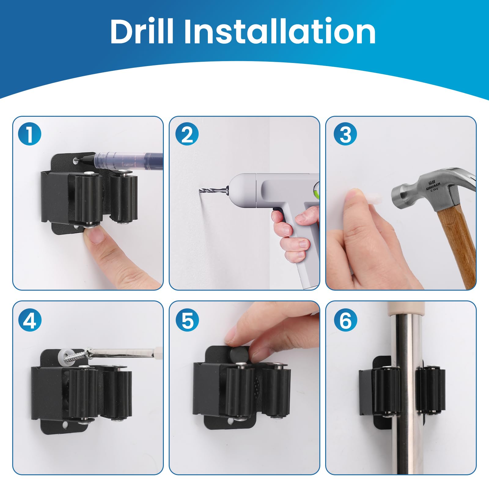 **4-Pack Heavy Duty Stainless Steel Broom Holder Wall Mount - Mop Hanger Organizer with Screws for Garage, Garden & Outdoor Tool Storage (Black)**