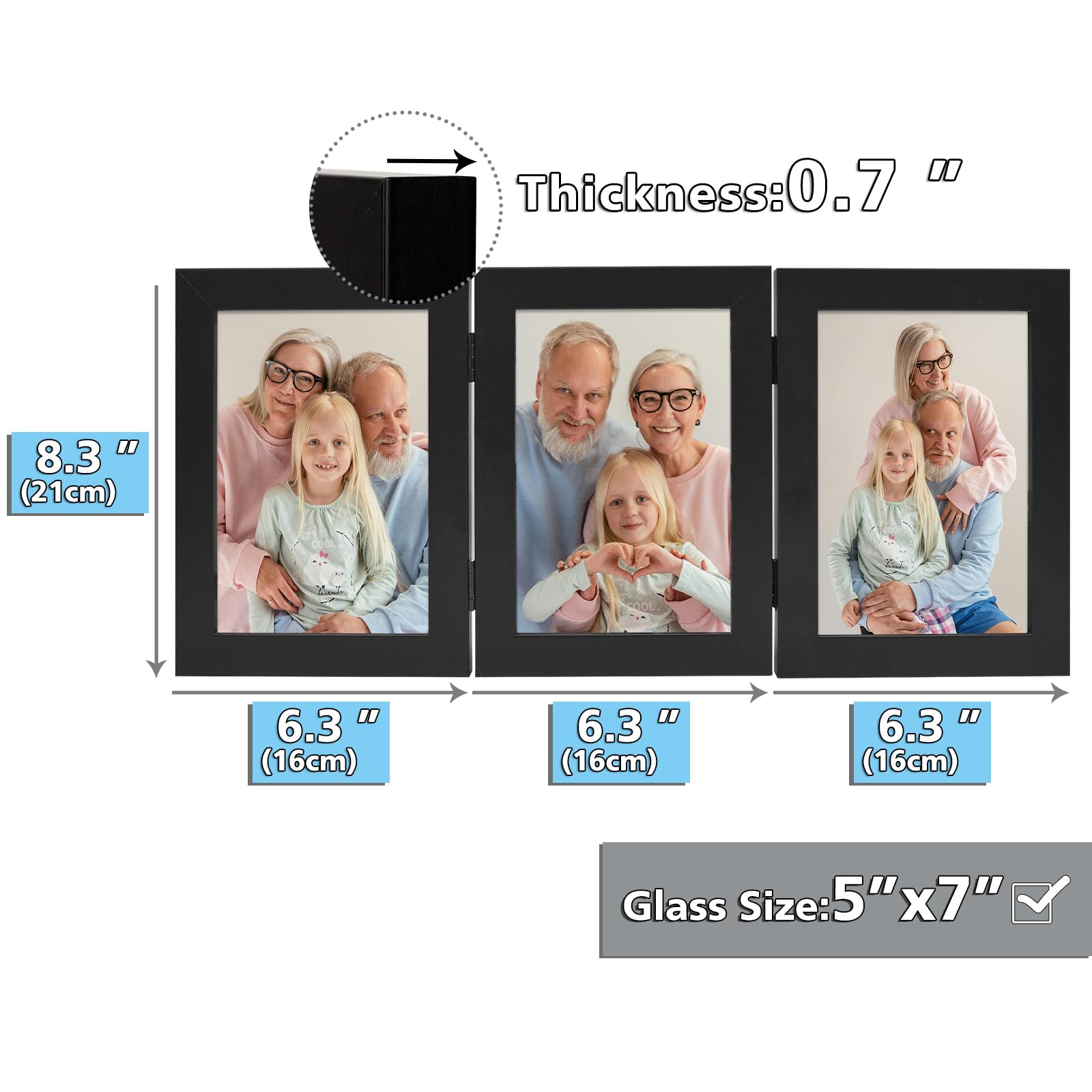 Frametory 5x7 Triple Picture Frame - Black Trifold Photo Collage with Glass Front for Tabletop Display | Perfect for Family Photos, Wedding Memories, and Home Decor (1 Pack)