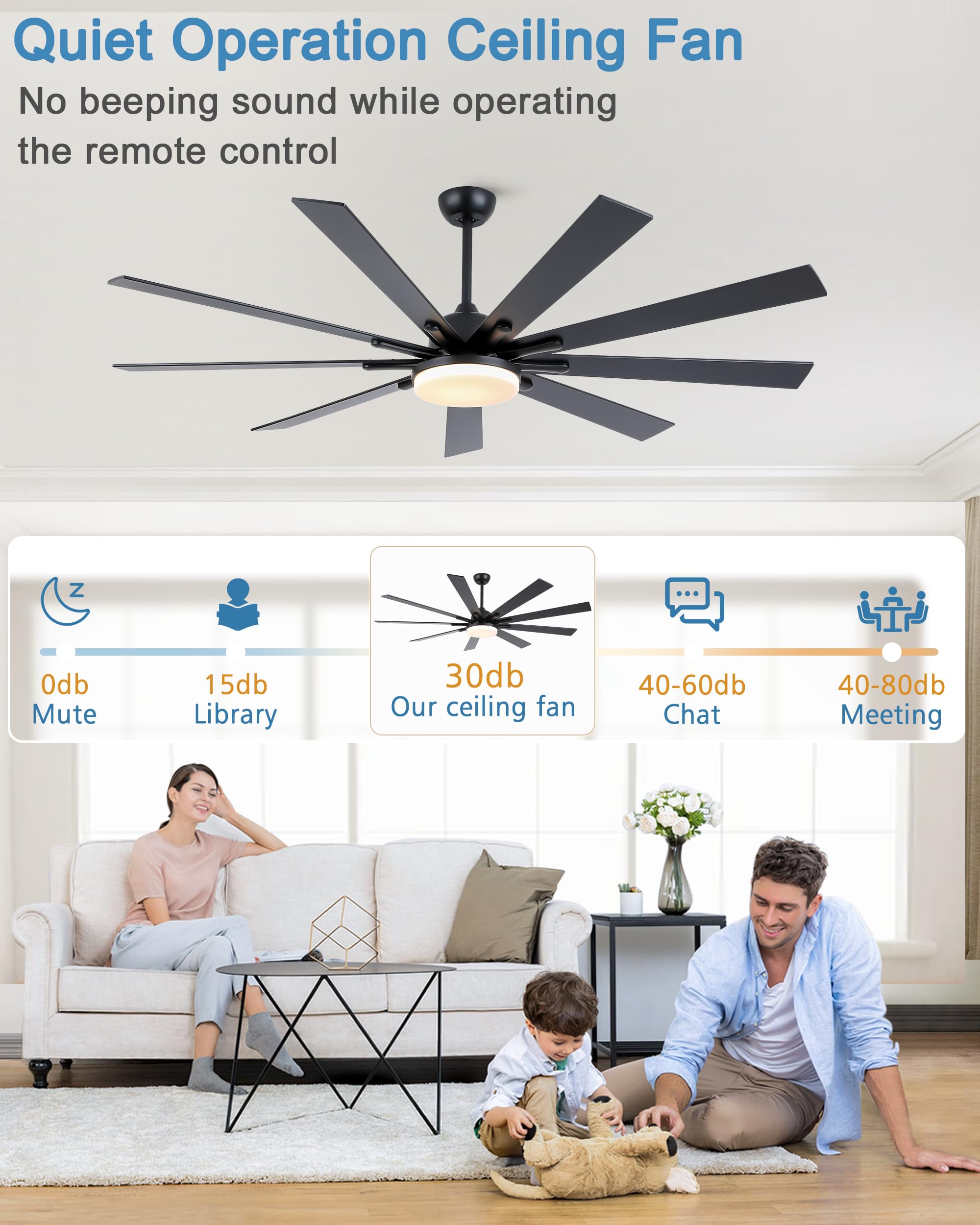 72 Inch Large Ceiling Fan with Lights and Remote Control - 9 Wooden Blades, Black - Quiet 3 CCT Dimmable LED, 6 Speed Adjustable - Perfect for Living Room, Bedroom, Patio, and Outdoor Spaces