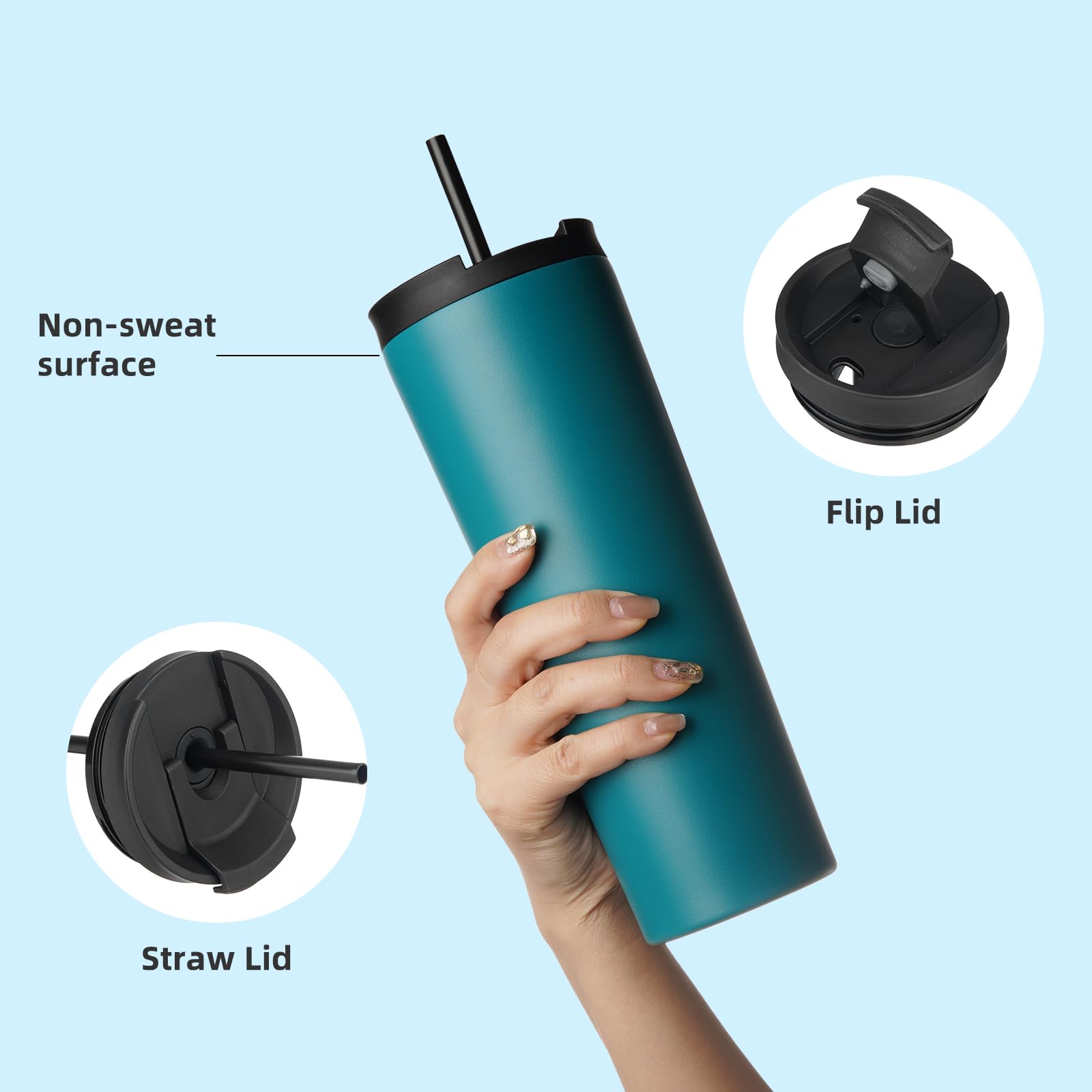 22oz Insulated Stainless Steel Tumbler with Lid & 2 Straws - Vacuum Sealed Travel Mug for Coffee, Tea & Cold Drinks - Leakproof & Sweatproof - Perfect for Office, Gym, Hiking & Road Trips (Blue)