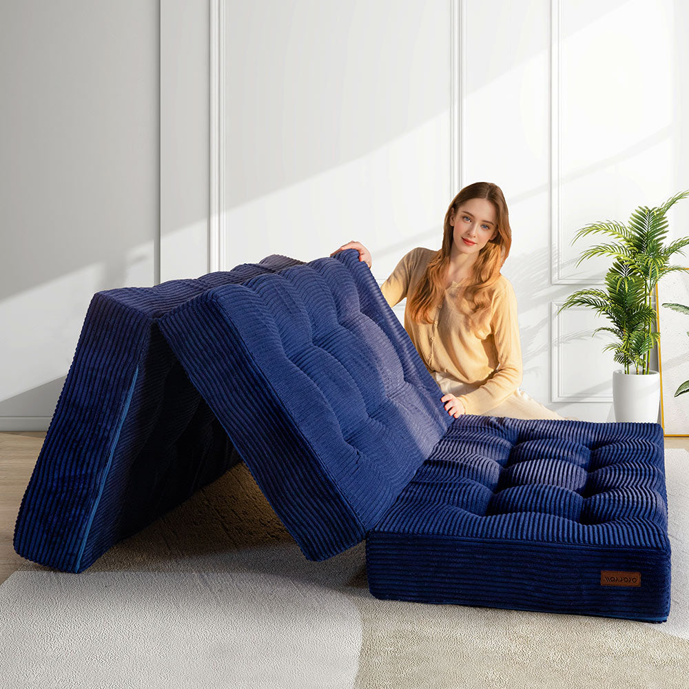 MAXYOYO 6 Inch Tri Fold Mattress - Tufted Full Foam Folding Bed with Corded Fabric in Navy Blue | Perfect for Guest Rooms, Camping & Small Spaces