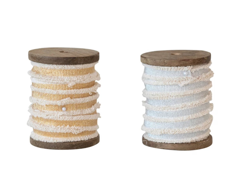 Premium Cotton Ribbon with Metallic Thread & Fringe on Wood Spool - Perfect for Gift Wrapping, DIY Crafts, and Home Decor