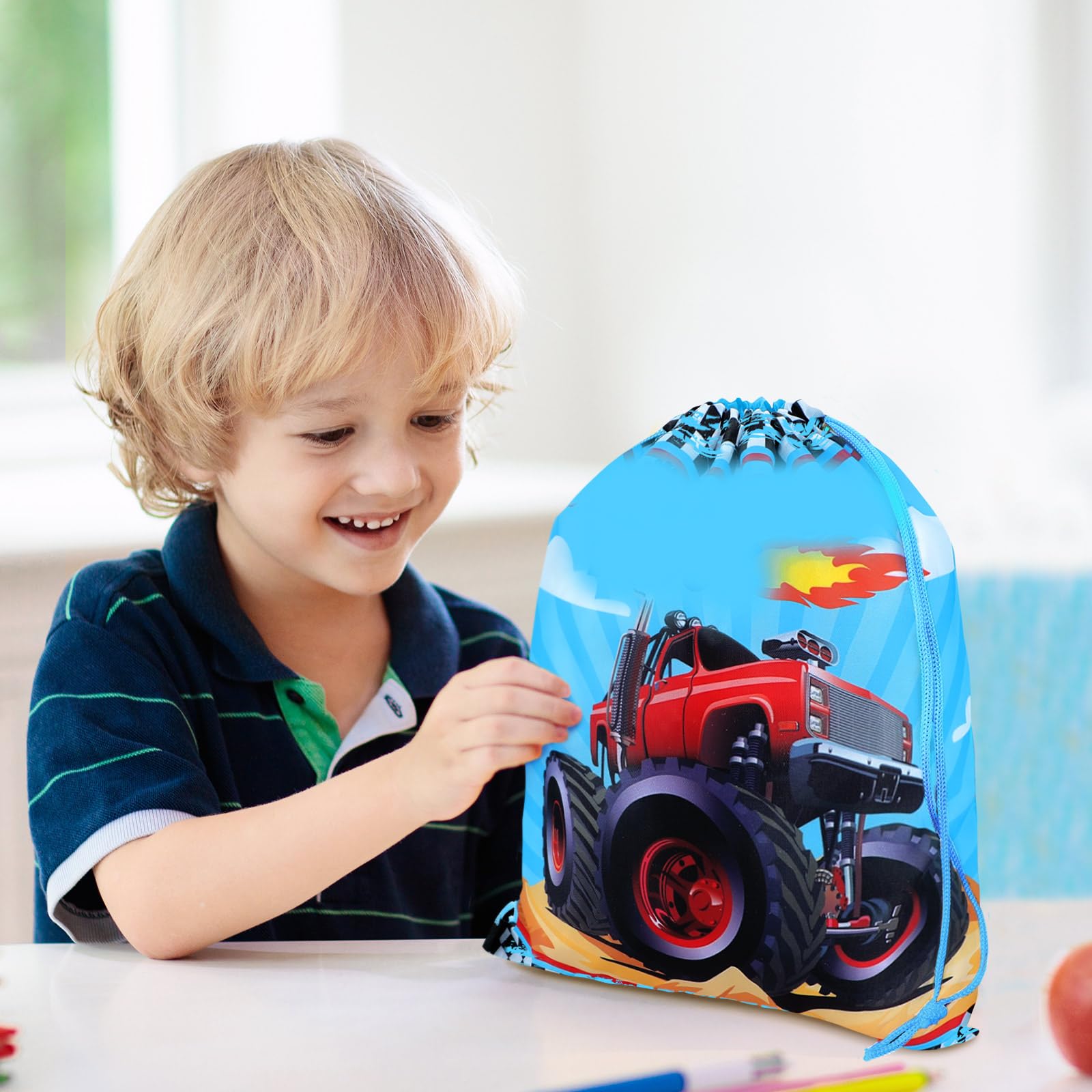 Tondiamo 16-Pack Racing Truck Drawstring Gift Bags - Kids Birthday Party Decorations, Candy Treat Bags for Themed Parties, Baby Showers & School Events