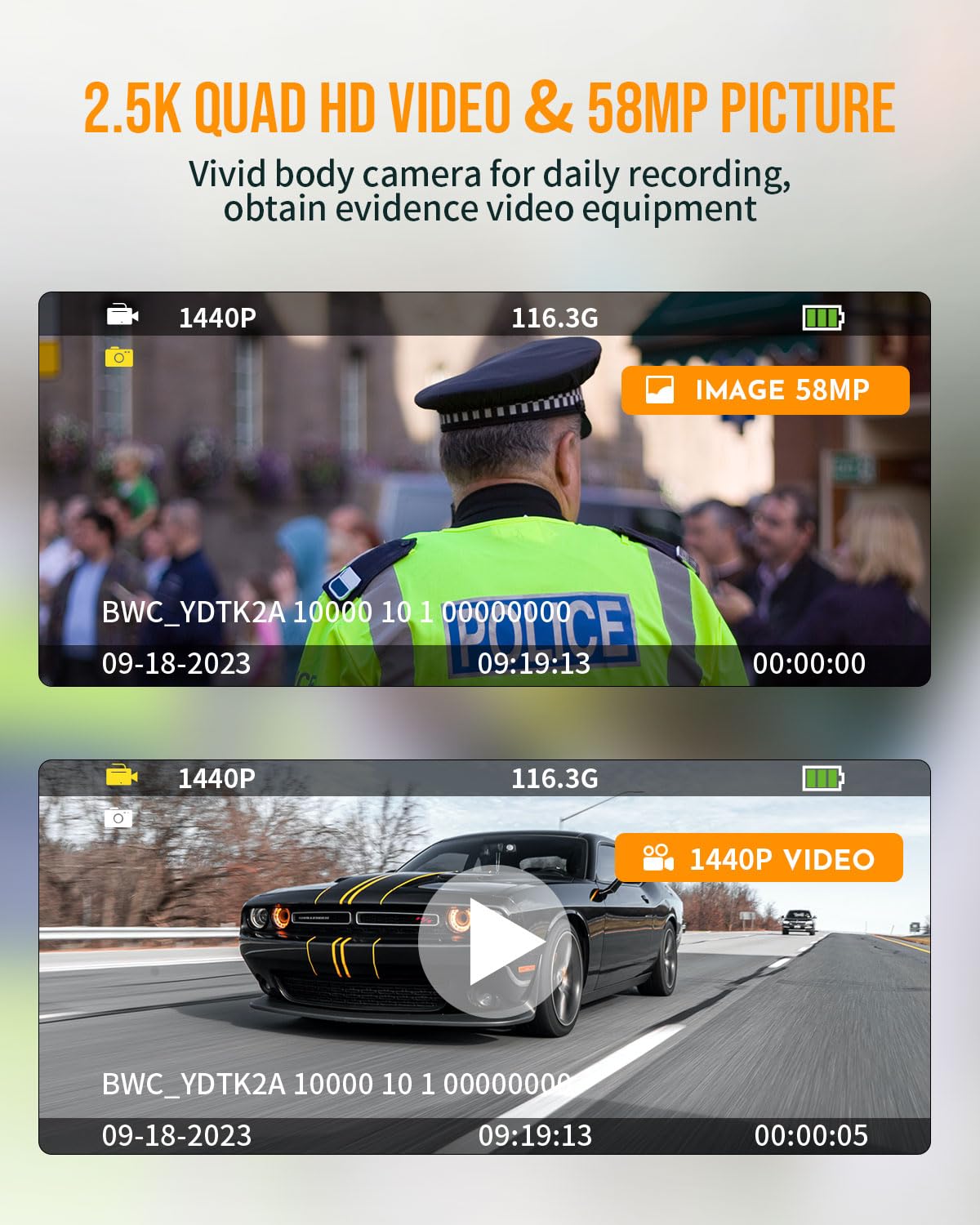 2K Quad HD Body Camera with Audio & Video Recording, 128GB Storage, Night Vision, Loop Recording, IP67 Waterproof, 3300mAh Battery - Ideal for Police, Law Enforcement, Security Guards & Personal Safety Use