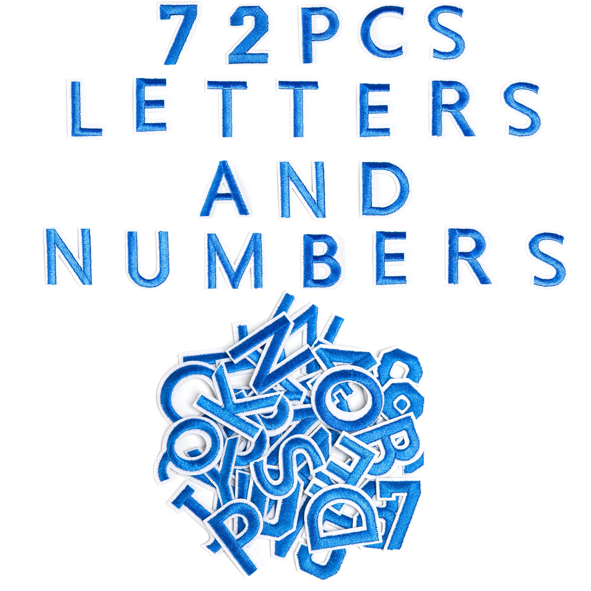 72 PCS Iron-On Embroidered Letters A-Z & Numbers 0-9 Patches - DIY Applique for Clothes, Hats, Jeans, Bags - Blue Fabric Sewing Accessories for Customizing Jackets, Backpacks & Denim Outfits