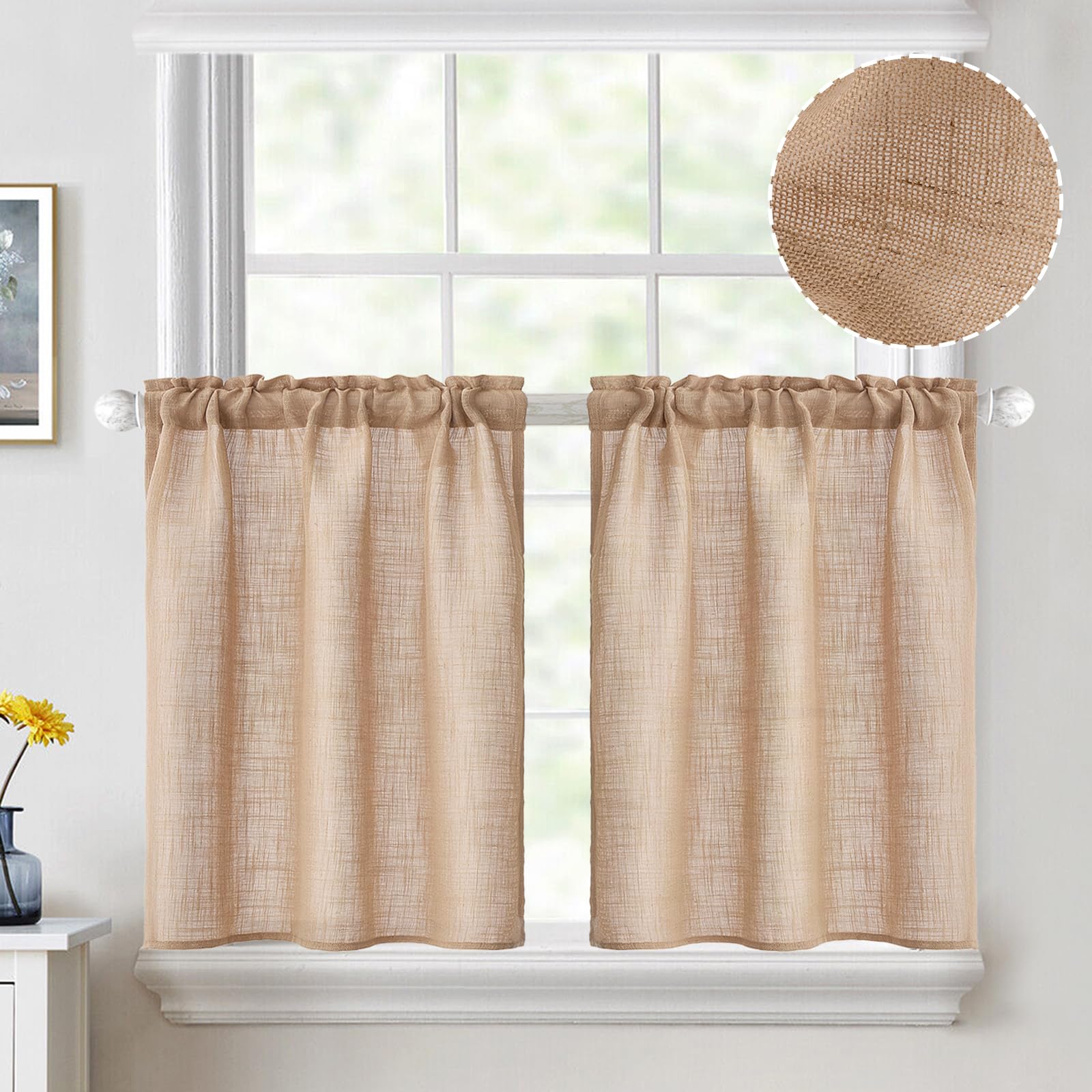 MIULEE 24 Inch Linen Textured Semi-Sheer Kitchen Window Curtains - Farmhouse Style Short Tier Curtains with Rod Pocket (2 Panels, 26x24 Inches, Brown) - Perfect for Sink Windows, Cafe Bathrooms & Basement Decor
