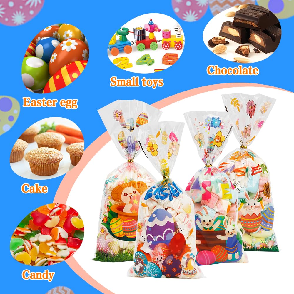 100-Pack Clear Easter Cellophane Treat Bags with Twist Ties - Easter Candy Bags, Easter Party Favors, Easter Gift Bags for Candy, Cookies & Small Gifts - Perfect for Easter Egg Hunts, Classroom Treats & Holiday Party Supplies