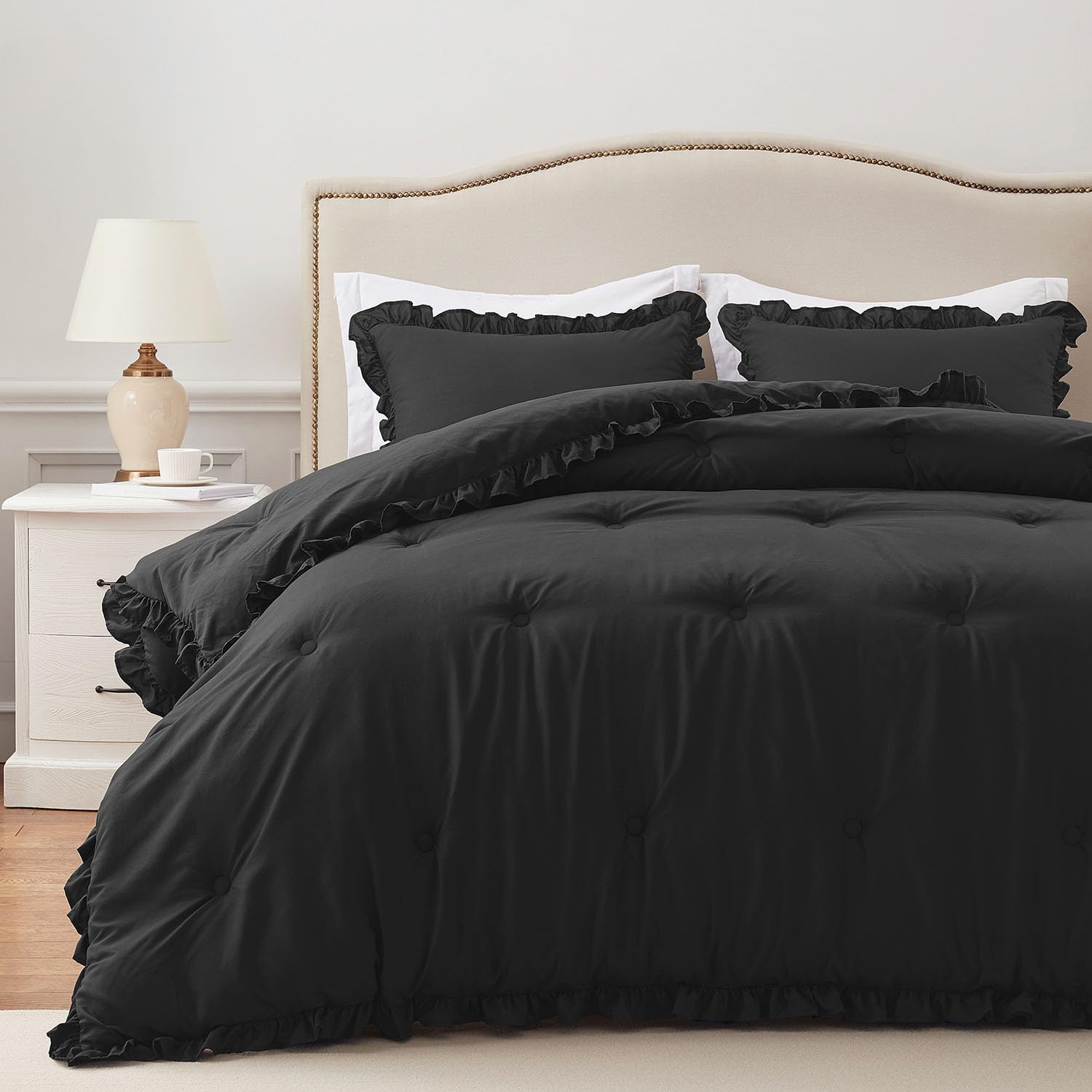 HARBOREST Lightweight 2-Piece Black Ruffle Bedding Set - Vintage Farmhouse Style Soft Comforter with 1 Pillow Sham - Twin/Twin XL Size (66x92 inches) - Perfect for Guest Rooms, Dorm Decor & Cozy Bedroom Makeover
