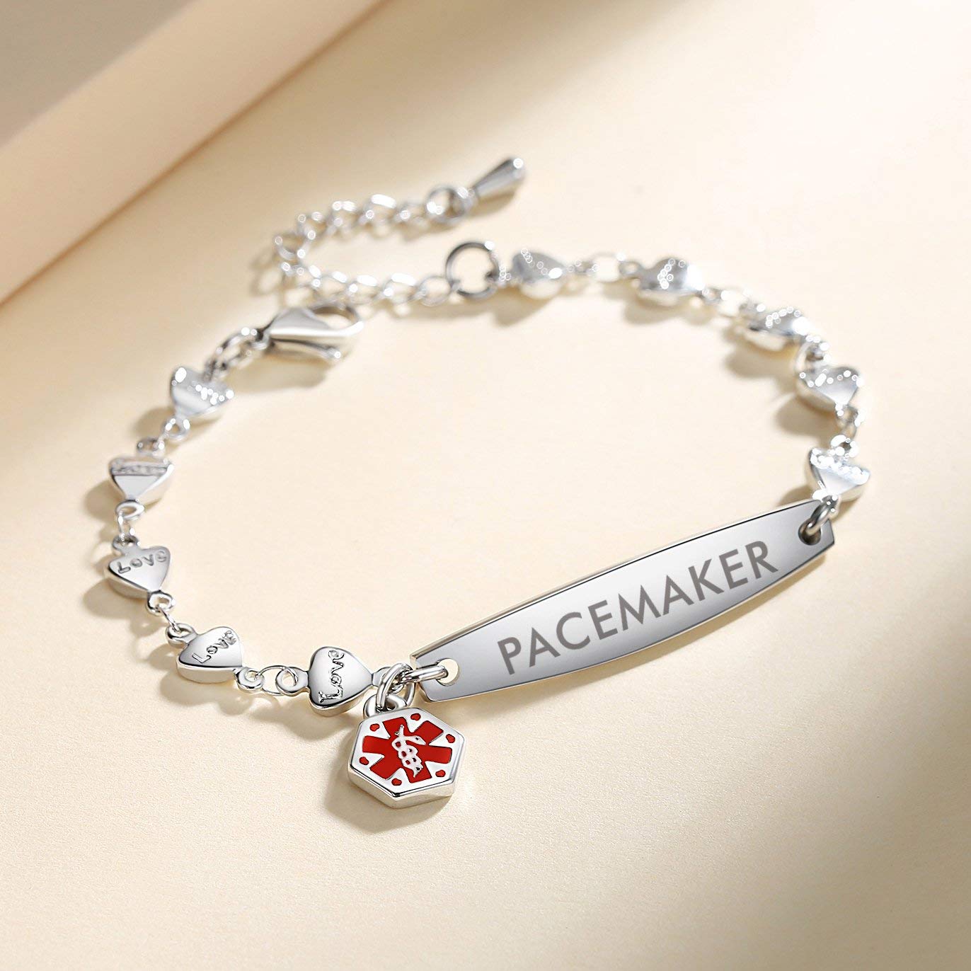 Mnmoom Adjustable Love Heart Medical Alert Bracelet for Women - 6.5 to 8 Inch Medical ID Bracelet - Perfect for Daily Wear & Emergency Situations
