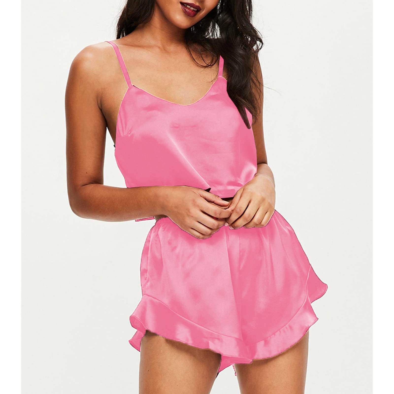 Xaspee Women's Silk Satin Pajama Set - Sexy Adjustable Spaghetti Strap Tank Top & Shorts Sleepwear for Women, Comfortable Nightwear for Lounge, Sleep and Vacation