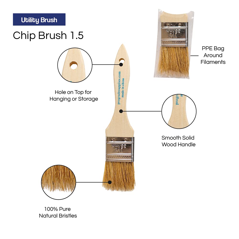 Pro Grade 1.5 Inch Chip Paint Brushes - Pack of 12 Light Brown Artist Brushes for Oil, Acrylic & Watercolor Painting - Perfect for Canvas, Wood & DIY Crafts