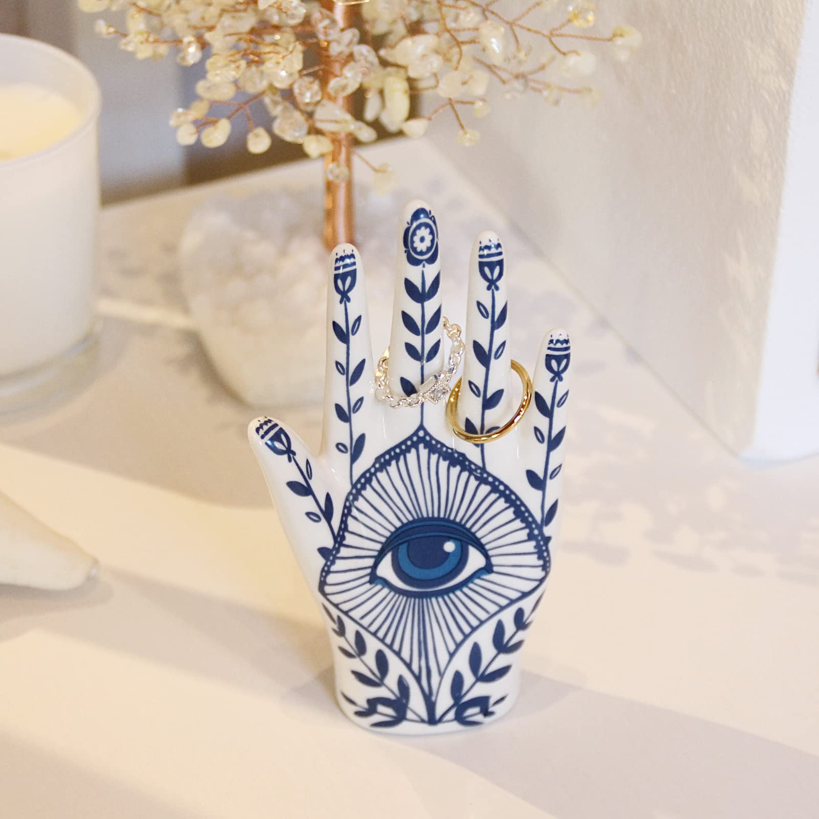 Hamsa Hand Ring Holder with Blue Evil Eye - Boho Decor Ring Stand & Organizer for Bathroom, Bedroom, Vanity - Aesthetic Room Decor, Preppy Home Gifts for Women - Perfect for Yoga Studios, Meditation Spaces & Spiritual Decor