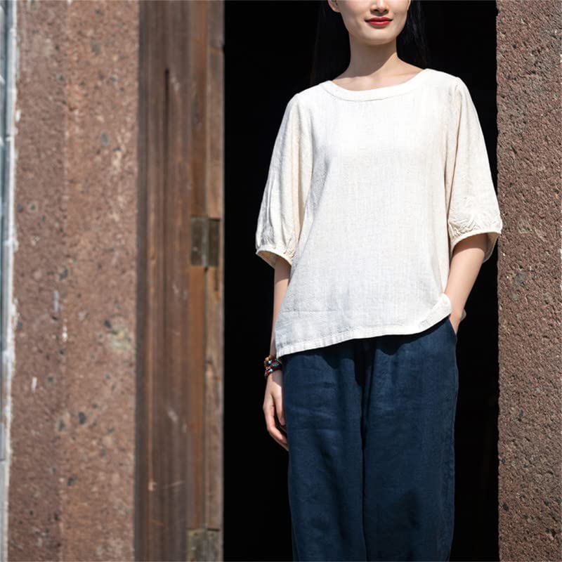 Shanghai Story Women's Vintage O-Neck Blouse - Cotton Linen Half Sleeve Chinese Style T-Shirt Top for Casual Wear, Office & Summer Outfits