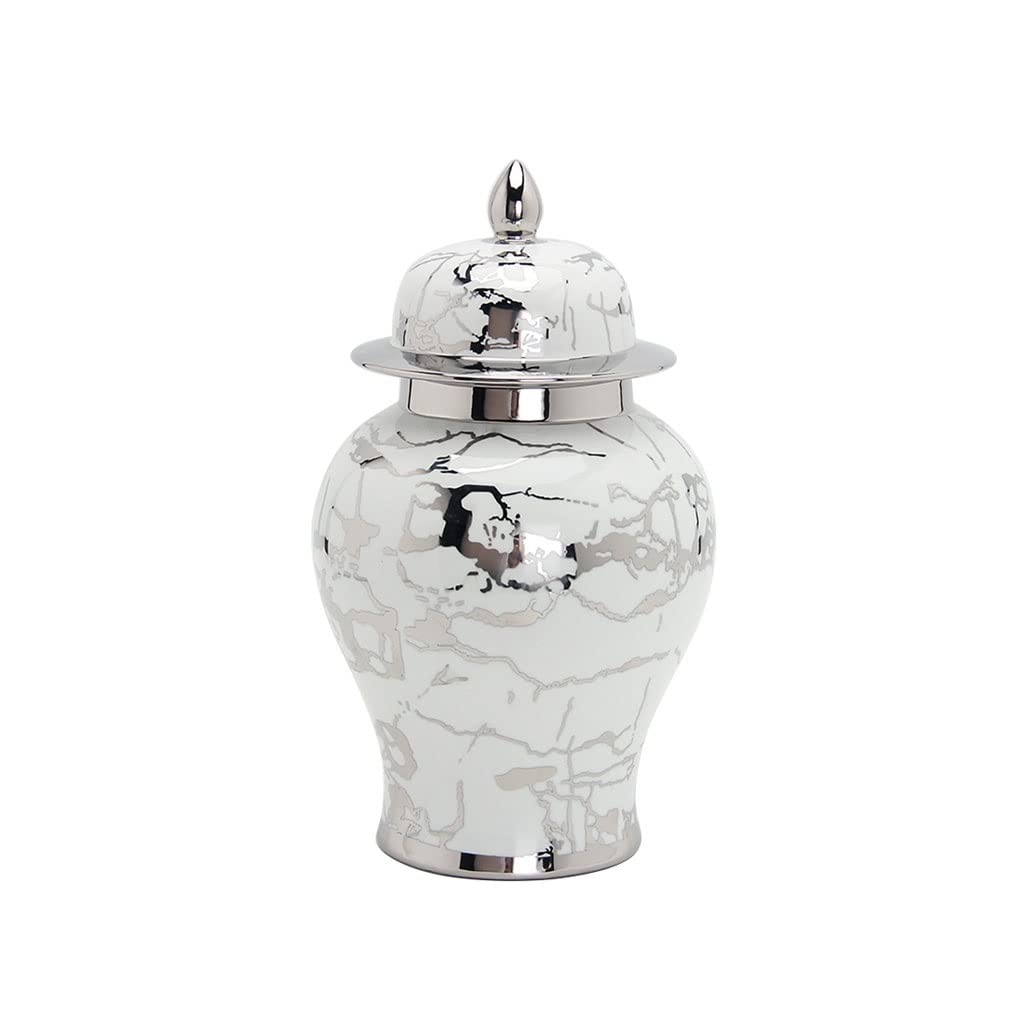 Silver Porcelain Vase with Lid - Textured Ceramic Temple Jar, Ginger Jar Flower Pot & Airtight Tea Storage - Elegant Home Decor for Living Room, Office & Kitchen (Small Size) | Perfect for Floral Arrangements, Tea Storage & Shelf Display