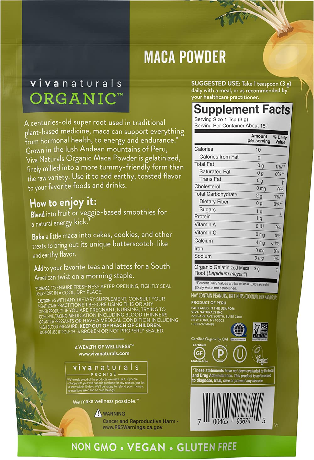 Viva Naturals Organic Gelatinized Maca Powder - 16oz (1lb) Peruvian Superfood for Energy & Vitality, Certified USDA Organic, Gluten-Free, Non-GMO - Perfect for Smoothies, Baking & Natural Energy Boost