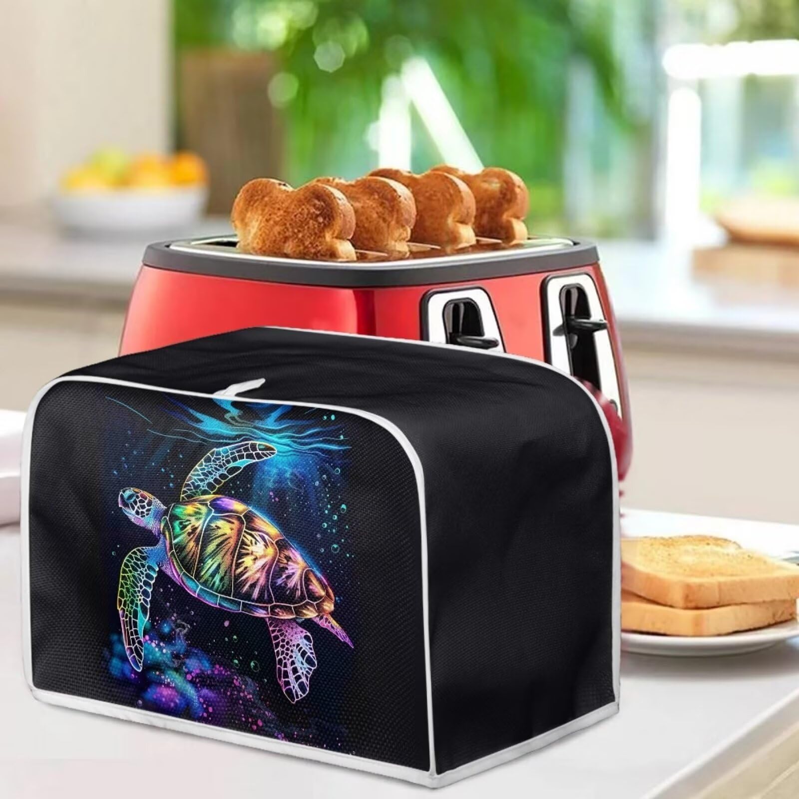 Neon Sea Turtle Toaster Cover - 2 Slice Small Appliance Dust Protector | Machine Washable Kitchen Toaster Cover | Fingerprint Protection | Perfect for Beach House, Coastal Kitchen & Tropical Themed Decor