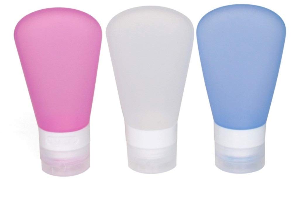 3 Pack Travel Size Silicone Squeeze Bottles - 1 OZ Food Grade Leak Proof Containers for Shampoo, Conditioner, Lotion, Toiletries & Condiments (Pink, White, Blue) - Perfect for Gym, Travel, Camping & Home Use