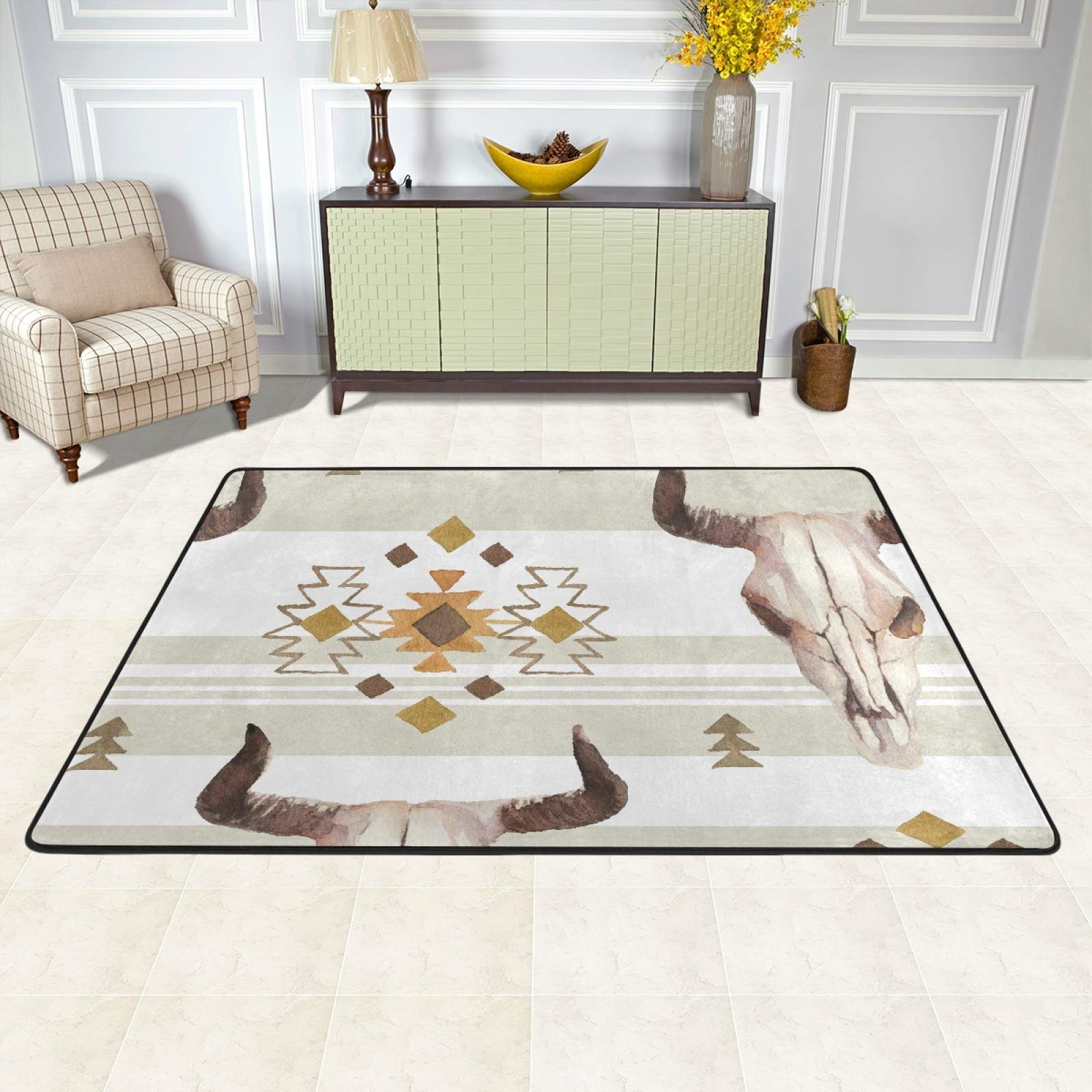 Biekaya Bull Skull Non-Slip Area Rug 36x24 Inch - Modern Indoor Floor Carpet for Kitchen, Bedroom, Living Room & Nursery - Perfect for Western Decor, Cowboy Themed Rooms & Southwestern Home Style