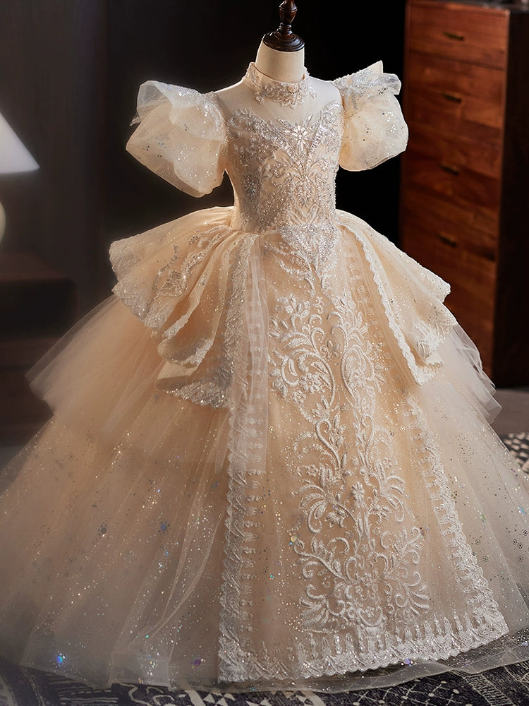 Champagne Princess Mock Neck Floor-Length Organza Flower Girl Dress for Weddings & Special Occasions - Elegant & Comfortable Formal Wear