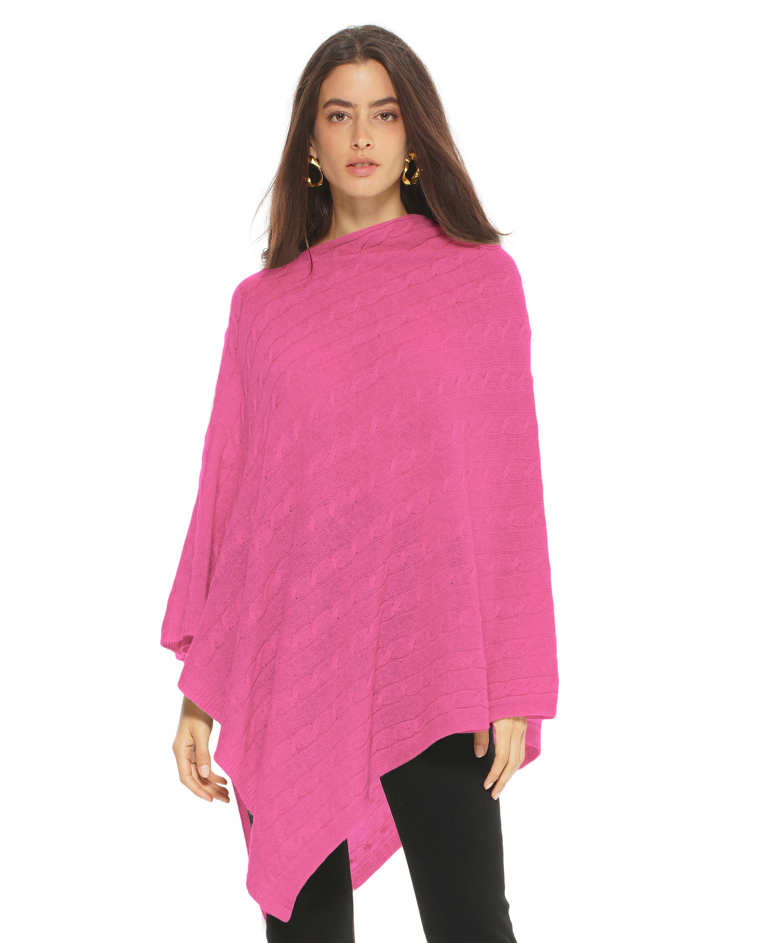 Luxury Women's Pure Cashmere Cable Knit Poncho Wrap - Soft Fuchsia Pink Winter Shawl for Women - Perfect for Fall, Winter & Holiday Outfits