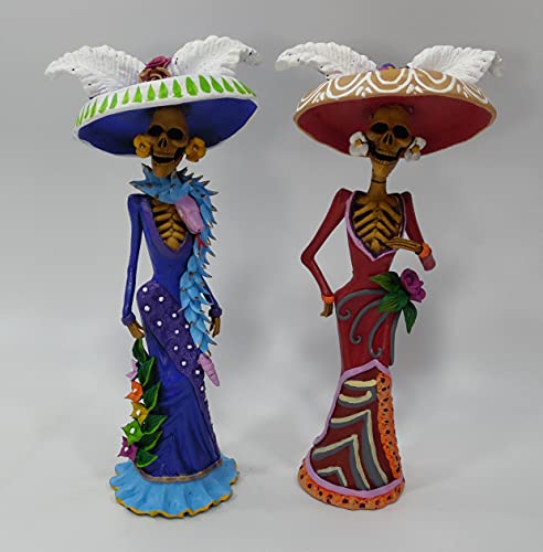 Set of 2 Handmade Mexican Day of the Dead Catrina Folk Art Figures - 10 Inch Fine Art Decor for Halloween, Dia de los Muertos Altar & Home Decor