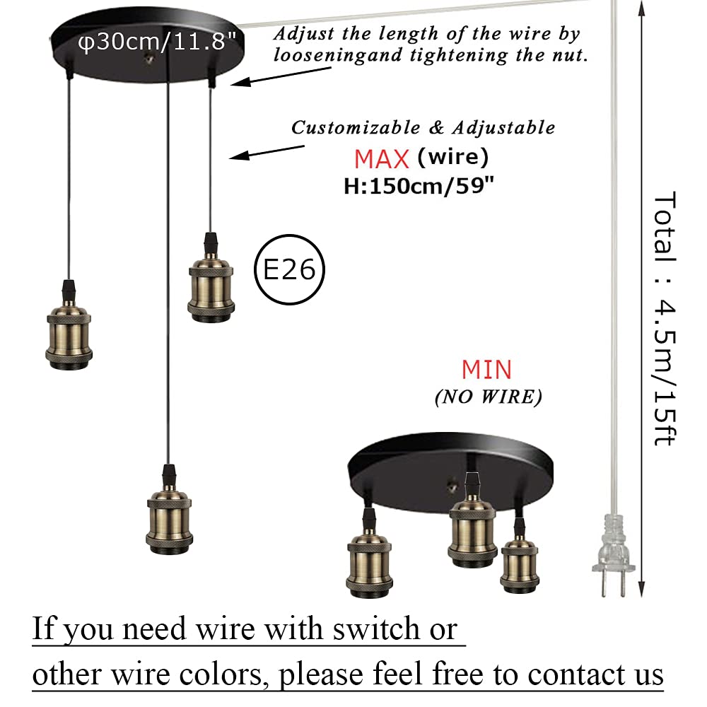 3-Light Plug-in Swag Pendant Chandelier with 15ft UL Cord - No Wiring Needed, Hanging Ceiling Light for Kitchen Island, Dining Room & Living Room Decor