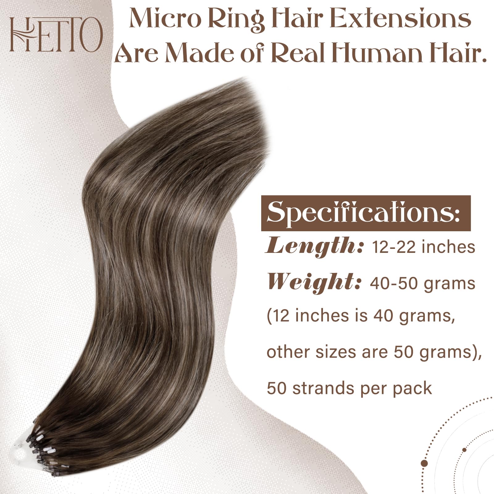 Hetto Micro Link Hair Extensions - 100% Real Human Hair, Balayage Dark Brown to Ash Brown Mix, Straight 14in 50g (50 Strands) - Seamless Blending for Everyday Wear & Special Occasions