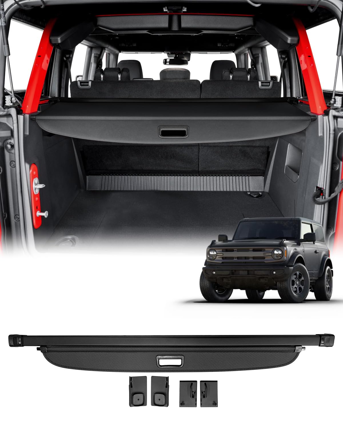 2021-2024 Ford Bronco 4-Door Retractable Cargo Cover - Black Trunk Shade Protector for Soft/Hard Top | Waterproof Luggage Cover Accessories | Perfect for Road Trips & Outdoor Adventures (Not for Bronco Sport)