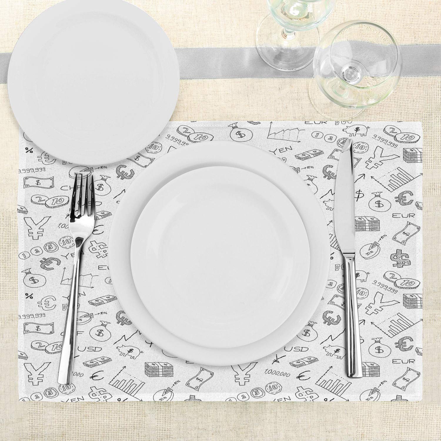 Ambesonne Money Themed Place Mats Set of 4 - Monochrome Euro Dollar Yen Coins & Piggy Bank Stock Graph Design - Washable Fabric Table Mats for Dining Room Kitchen Decor (Black & White) - Perfect for Finance Enthusiasts & Modern Home Dining