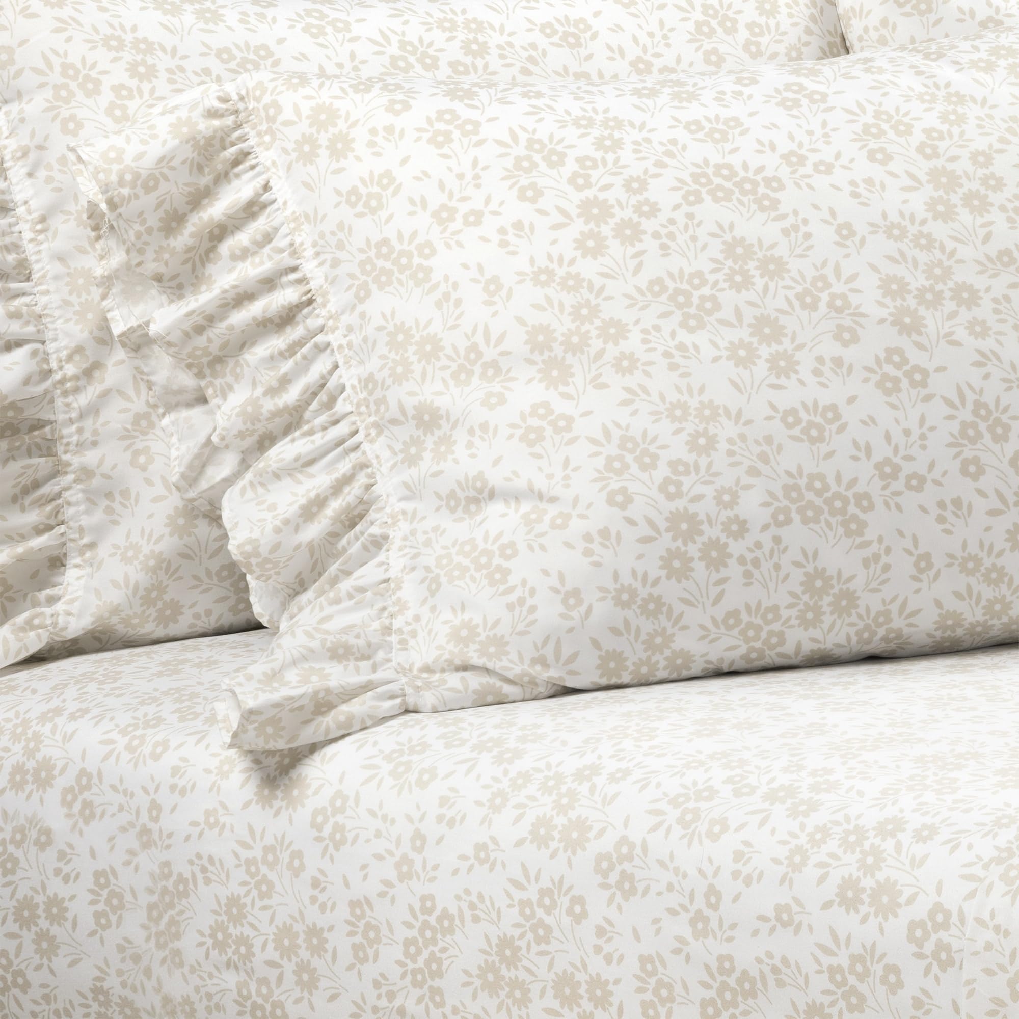 Lush Decor Garden of Flowers Ruffle 6-Piece King Size Sheet Set in Neutral & White - Soft Luxury Bedding for Master Bedroom & Guest Room