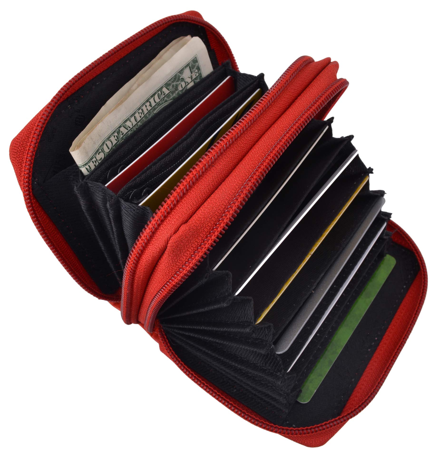Premium Genuine Leather Double Zipper Accordion Wallet for Men - RFID Blocking, 12 Card Slots & Cash Organizer (Red) - Perfect for Travel, Business & Everyday Use