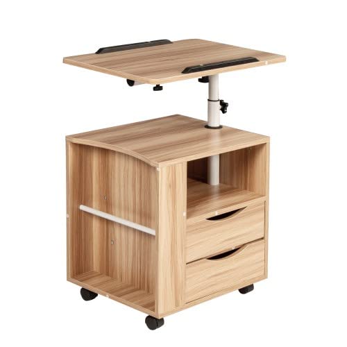 Adjustable Height Modern Nightstand with Swivel Top, Storage Drawers & Wheels - White Maple Wood Overbed End Table for Bedroom, Living Room & Small Spaces - Convenient for Reading, Snacking & Storage