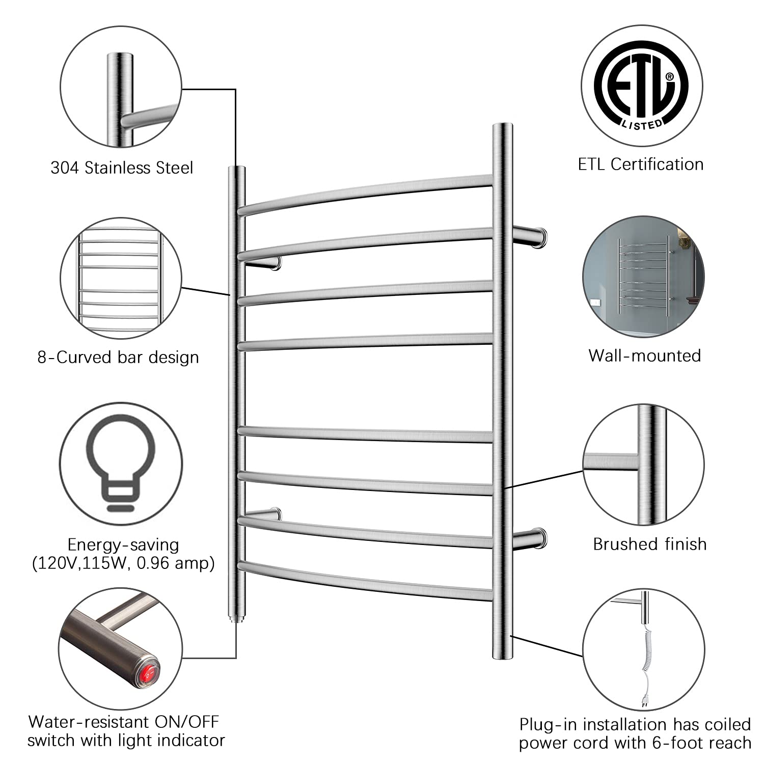 HEATGENE 8 Bar Electric Towel Warmer - Brushed Stainless Steel Bathroom Heated Towel Rack with Curved Design & Plug-in Drying Function | Perfect for Spa, Luxury Bathrooms & Cold Weather Comfort