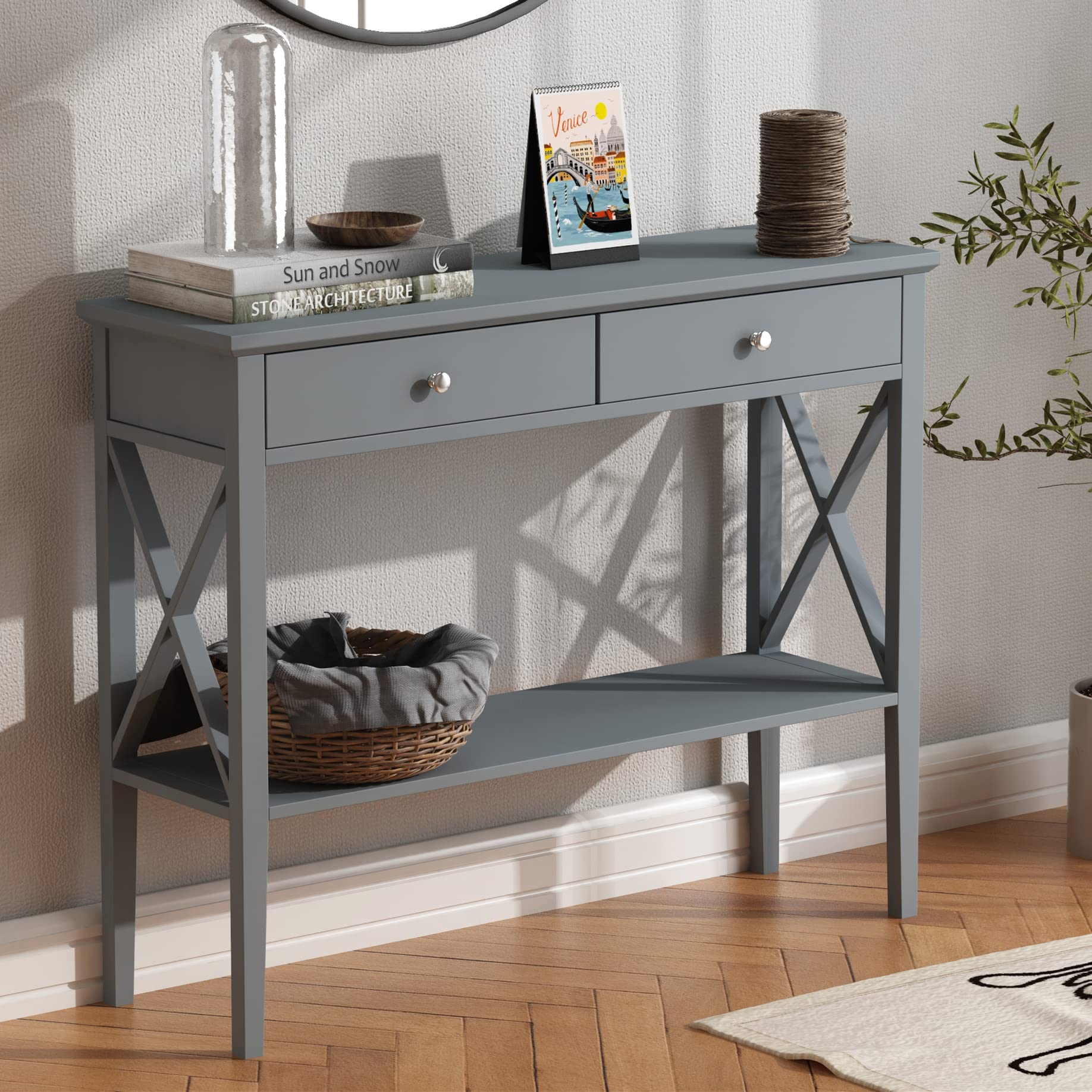 ChooChoo Narrow Wood Console Table with Drawers & Storage Shelf - Entryway Sofa Table for Hallway, Living Room, Front Hall - Grey Accent Furniture (Perfect for Small Spaces & Home Decor)